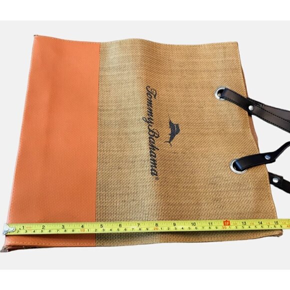 Tommy Bahama Canvas Tan Burlap Beach Shopping Tote Bag Spell Out Logo Orange - Picture 11 of 11